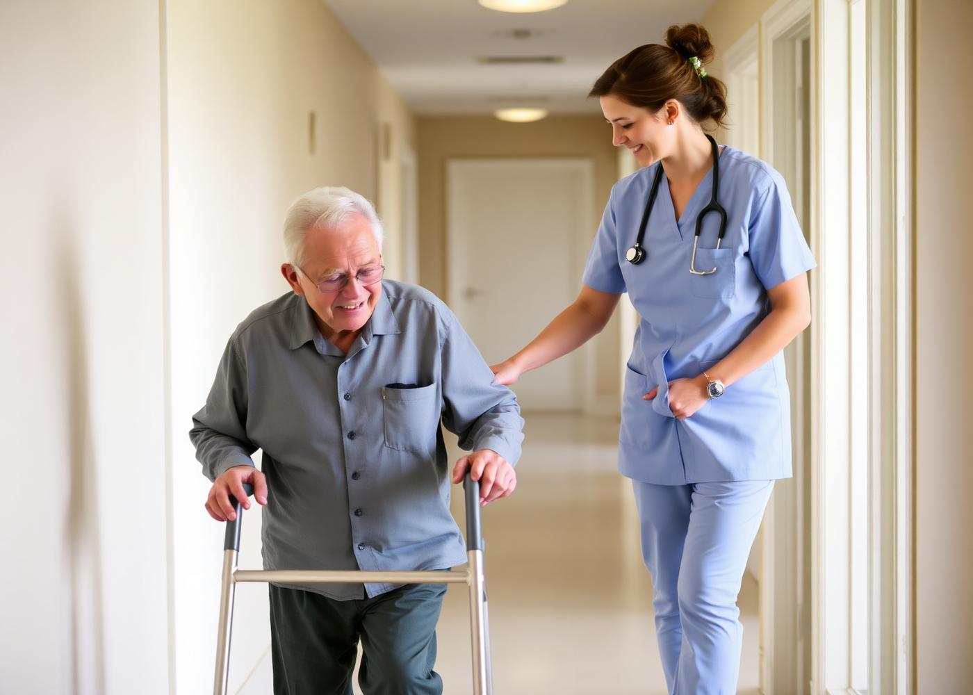 Physical therapist helping a senior patient walk safely at home