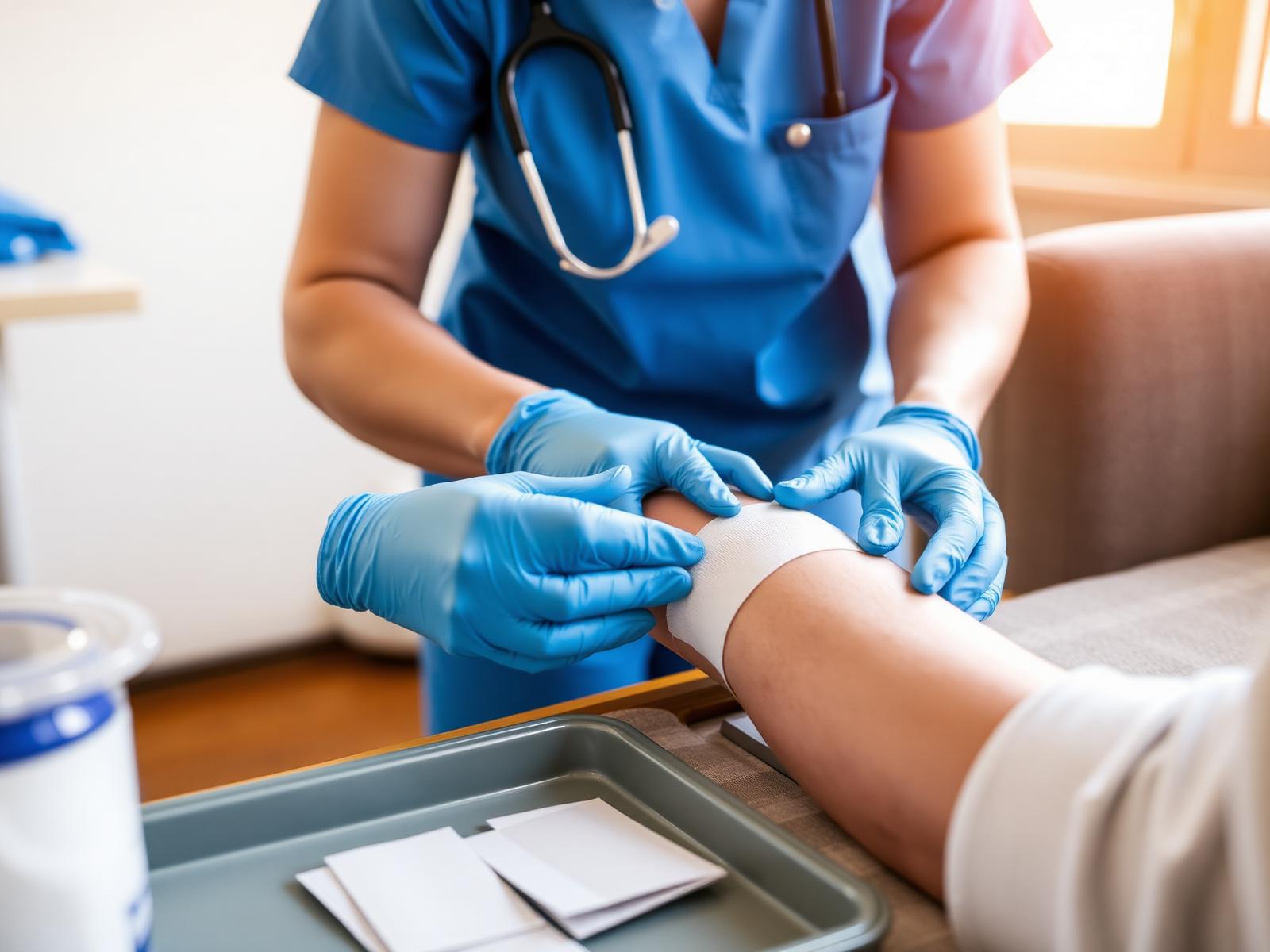 Nurse performing sterile wound care at home
